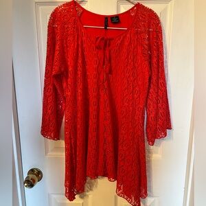 New Directions Vibrant Red Lace Top Christmas Small